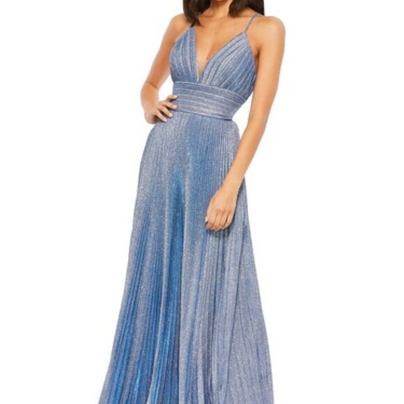 Mac Duggal Royal Blue Silver Glitter Shimmer Plunge Neck Tulle Gown